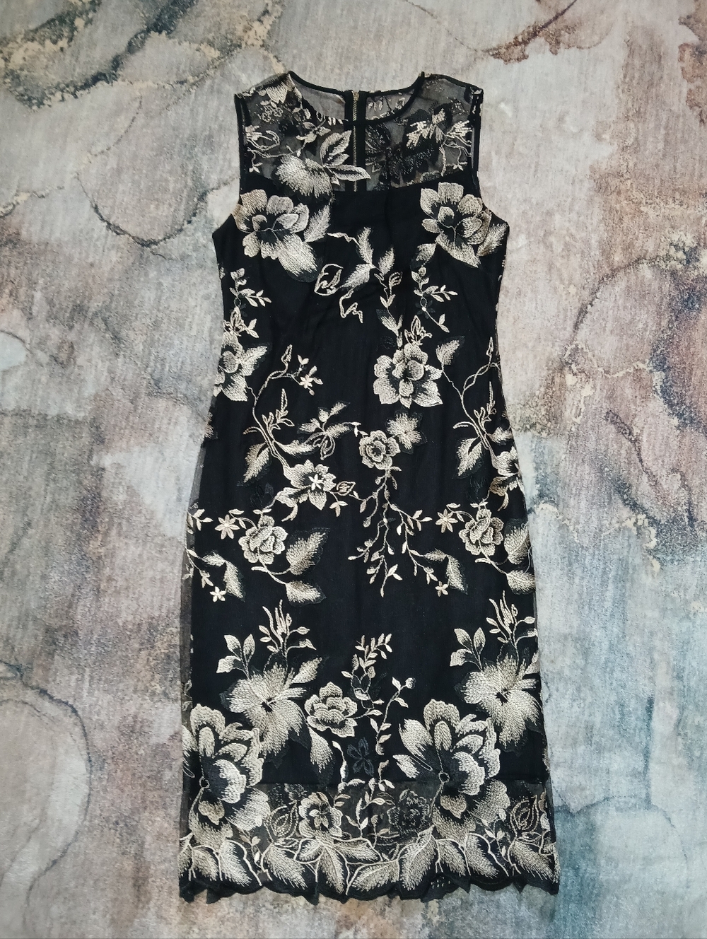 Calvin Klein Black and Gold Lace-Embroidered Dress